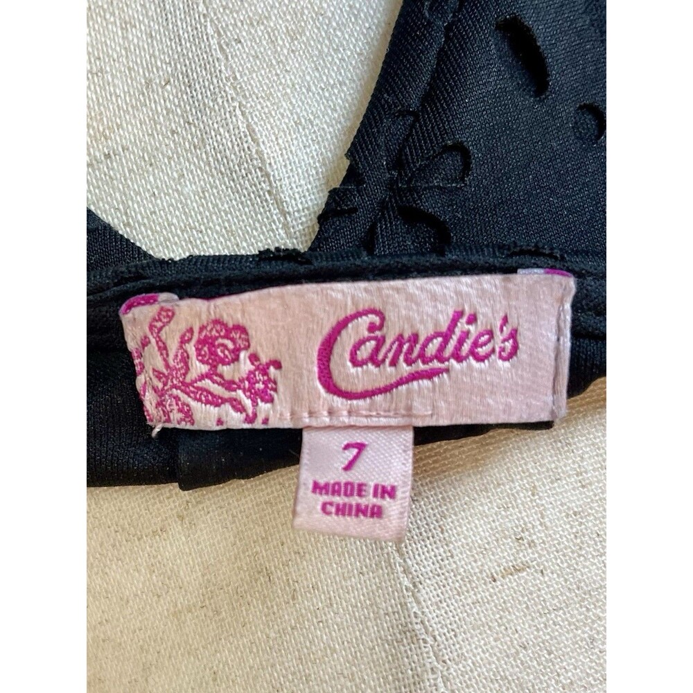 Candie’s Black Fit & Flare Dress 7 Laser Cut Floral Open Back Y2K Whimsigoth - Picture 8 of 8